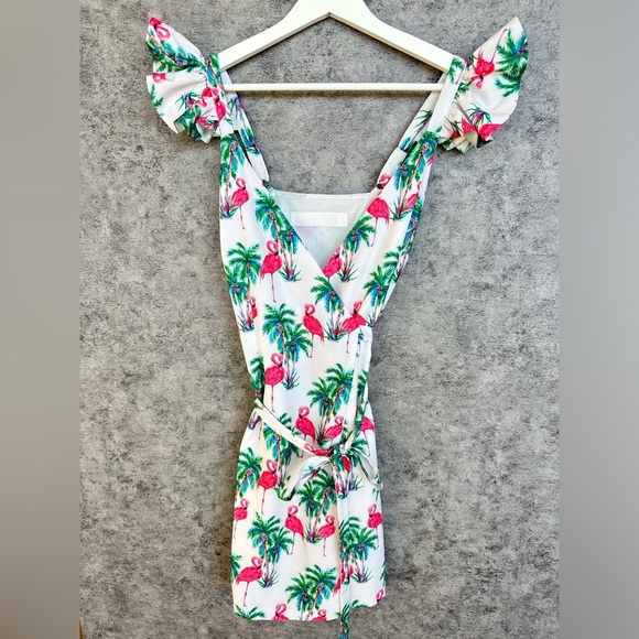 Tropical Flamingo Print Wrap Dress with Ruffled Straps - Size S - Picture 2 of 6